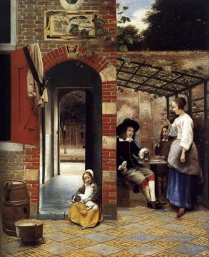  Drinking Painting - Figures Drinking in a Courtyard genre Pieter de Hooch